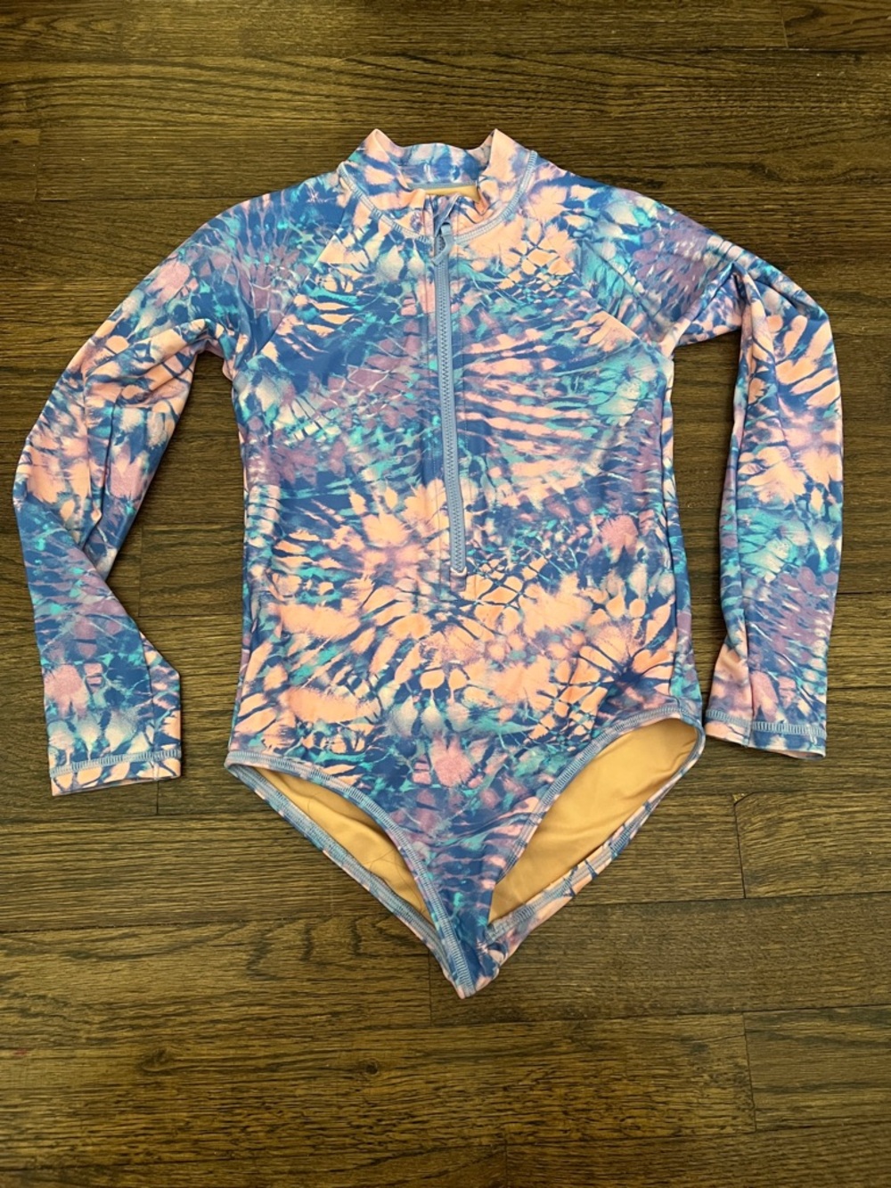 Crewcuts Girls' Long-Sleeve One-Piece Swimsuit in Pink & Blue Tie-Dye
